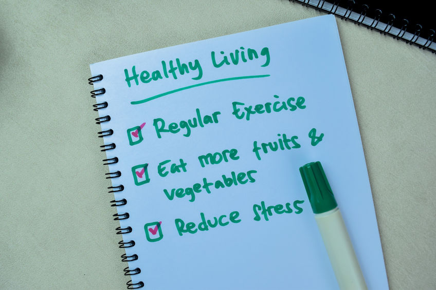 Concept of Healthy Living write on book with keywords isolated on Wooden Table.