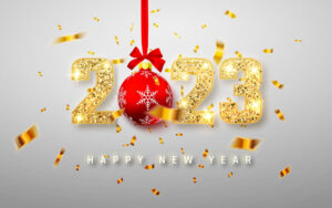 Happy New Year 2023. Gold numbers design of greeting card with falling shiny confetti, xmas ball and red bow. vector illustration.