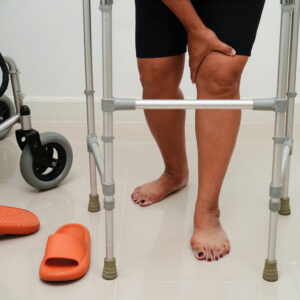 Asian senior woman wearing elastic support knee brace for reduce pain