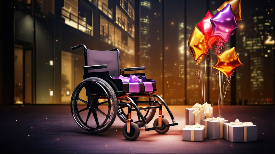 Wheelchair with gift boxes in city at night